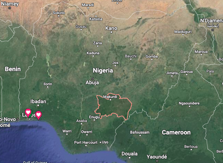 A map of Nigeria showing Benue state's location. 