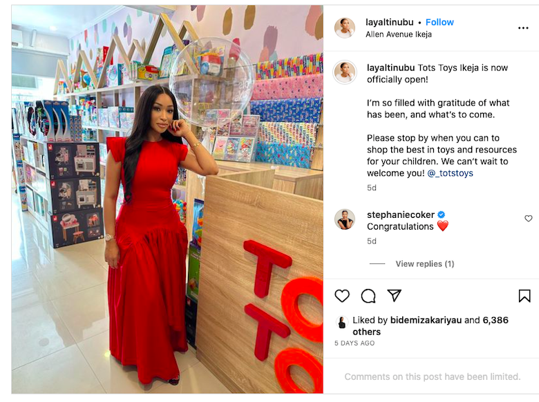 A screenshot of Layal Tinubu celebrating the opening of her toy shop in Ikeja. 