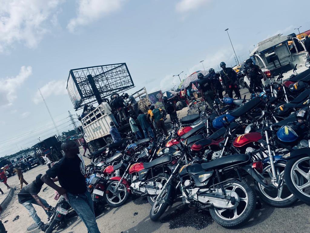 This picture shows motorcycles seized by the police on April 13, 2023 in the Mile Two area.