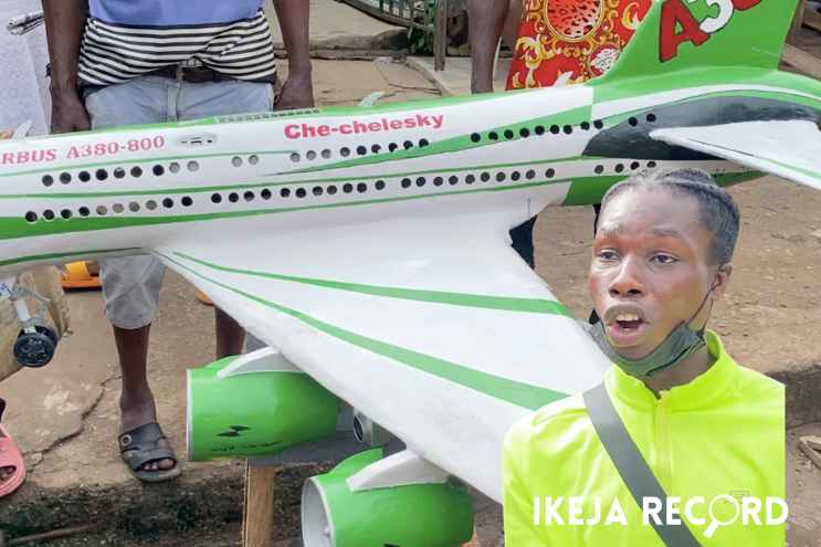 A photo combination of Michael Adeola and his aircraft prototype.