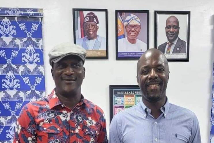 The General Manager of the Lagos State Neighbourhood Safety Agency, Ifalade Oyekan (L) and a security consultant and son of the former President of the country, Mr. Omar Jawara at the headquarters of the LNSA in Bolade, Oshodi. Credit: Lagos state government.