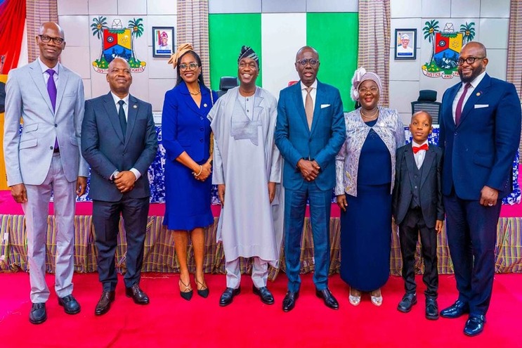 Lagos State Governor, Babajide Sanwo-olu, his Deputy, Dr. Obafemi Hamzat and newly sworn in officials on Friday. Credit: LASG Facebook Account